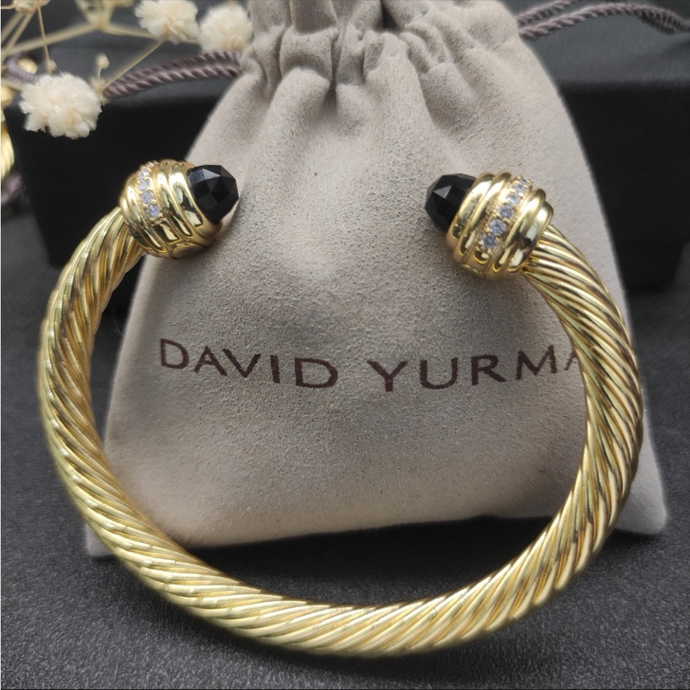 David Yurman Gold-Tone Twisted Cuff Bracelet with Black Stone End Caps 7mm - Picture 6 of 6
